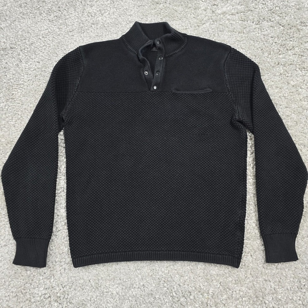 J.Crew Henley Sweater Mens M Black Snap Mock Neck Waffle Knit Classic Preppy